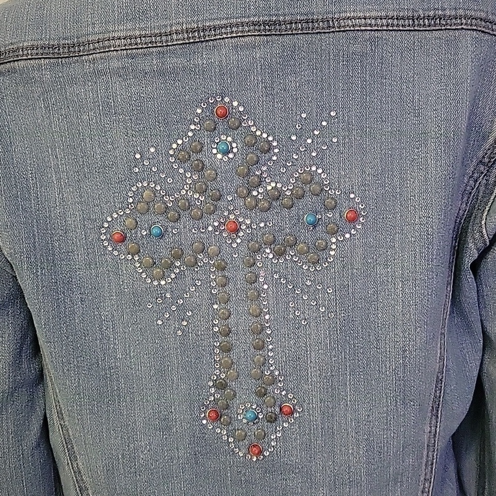 Vtg BIT & BRIDLE Cowboy Core Western Denim Bedazzled Cross Jean Jacket - Picture 4 of 9